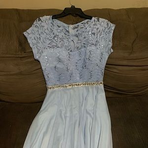 Womens Knee Length Pastel Blue Rhinestone Prom Dress
